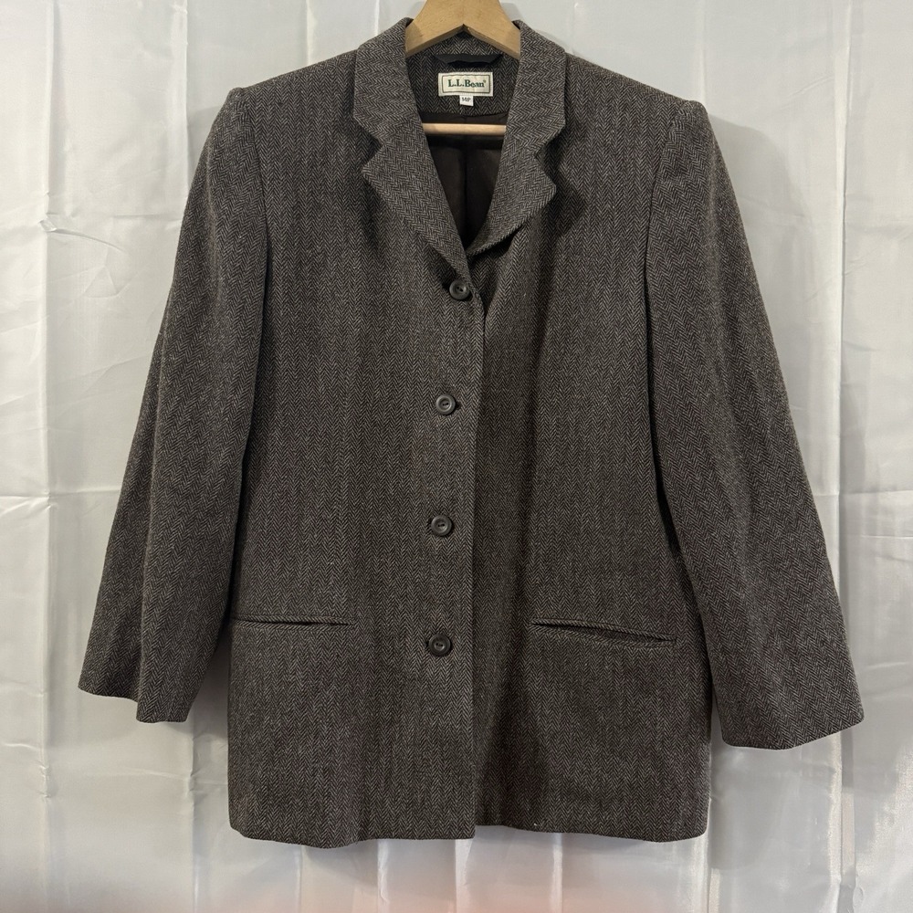 LL Bean Womens 14P L Blazer Jacket Herringbone‎ Tweed Wool Blend USA Professor